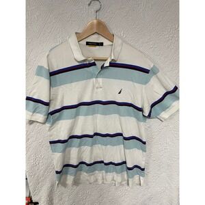 Nautica Mens Striped Short Sleeve Pique Polo Shirt White Blue Large